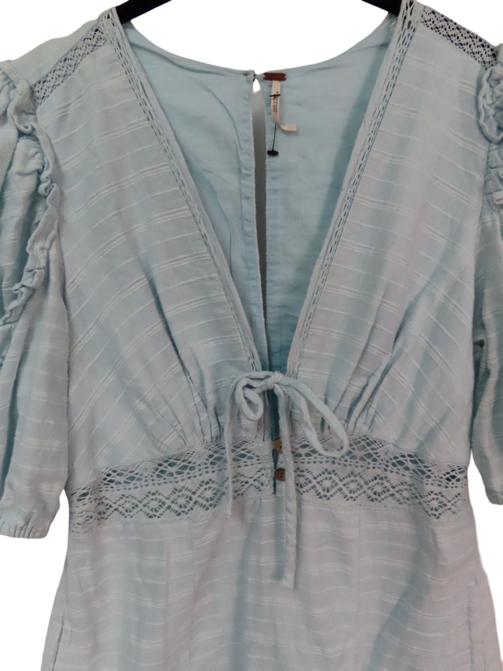Free People Slow Pace Midi Dress Blue Boho Tie Front Puff Sleeve Size Medium - Picture 8 of 10